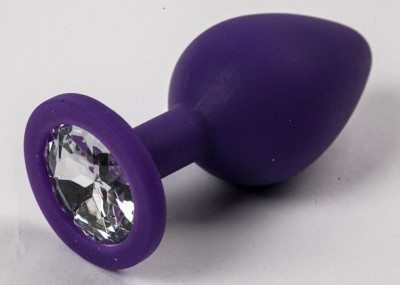 Фиолетовая силиконовая анальная пробка с прозрачным стразом - 8,2 см