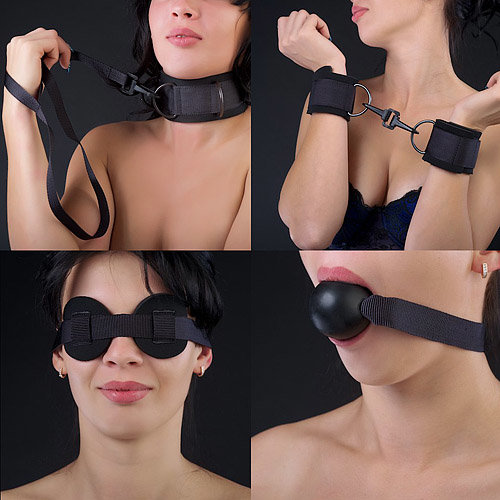 Комплект для БДСМ-игр: наручники, кляп-шарик, маска, ошейник, цвет: черный