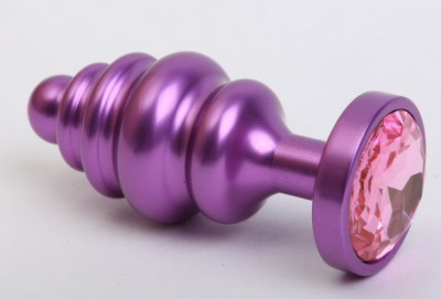 Фиолетовая ребристая анальная пробка с розовым кристаллом - 7,3 см