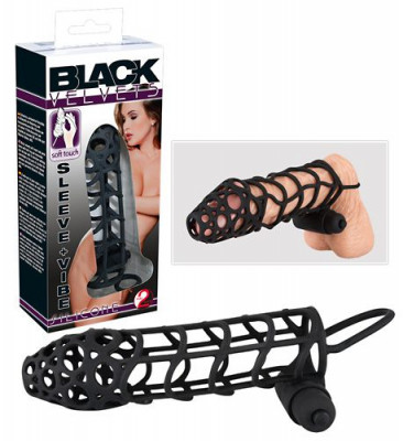 Насадка-сетка на пенис Black Velvets Sleeve Vibe с вибрацией, цвет: черный - 14 см