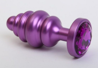 Фиолетовая ребристая анальная пробка с фиолетовым кристаллом - 7,3 см