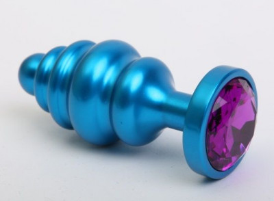 Синая ребристая анальная пробка с фиолетовым кристаллом - 7,3 см
