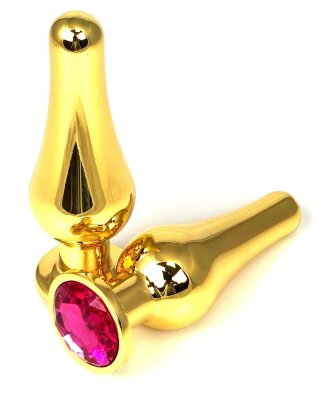Золотистая удлиненная анальная пробка с розовым кристаллом - 9 см.