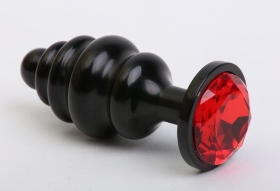 Черная ребристая анальная пробка с красным кристаллом - 7,3 см