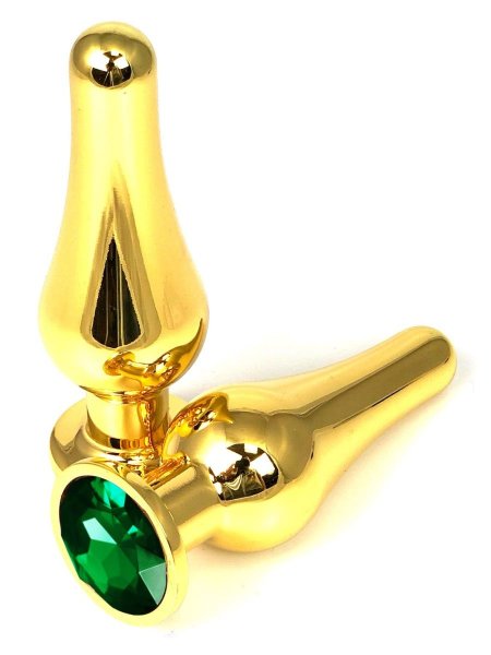 Золотистая удлиненная анальная пробка с зеленым кристаллом - 9 см.