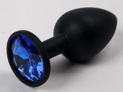 Черная силиконовая анальная пробка с синим стразом - 7,1 см