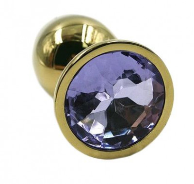 Алюминиевая анальная пробка с светло-фиолетовым кристаллом, цвет: золотистый - 6 см