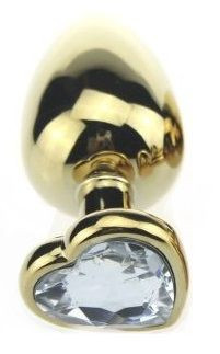 Золотистая пробка с прозрачным кристаллом-сердечком - 8 см