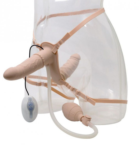 Женский страпон Double Pleasure Inflatable Strap On с вагинальной пробкой - 17 см