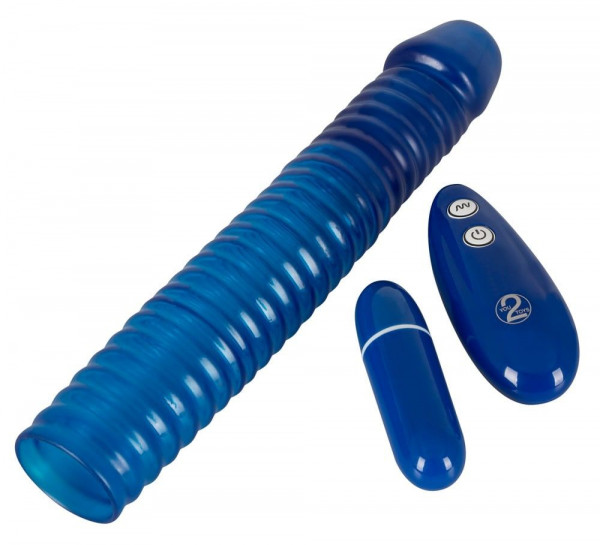 Вибронасадка на пенис Vibrating Sleeve с пультом управления, цвет: синий - 22,5 см