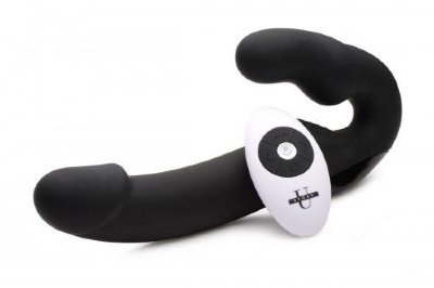 Безремневой страпон Urge Silicone Strap On с пультом ДУ - 24 см, цвет: черный