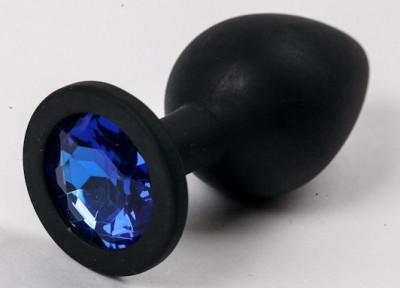 Черная силиконовая анальная пробка с синим кристаллом - 9,5 см