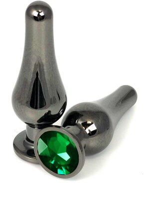 Черная удлиненная анальная пробка с зеленым кристаллом - 11,5 см.