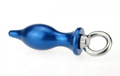 Синая металлическая анальная пробка с кольцом - 7 см