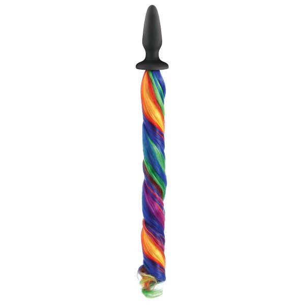 Анальная пробка Unicorn Tails Rainbow с радужным хвостом, цвет: черный